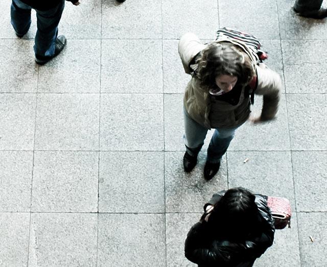 overhead view of people in a public place